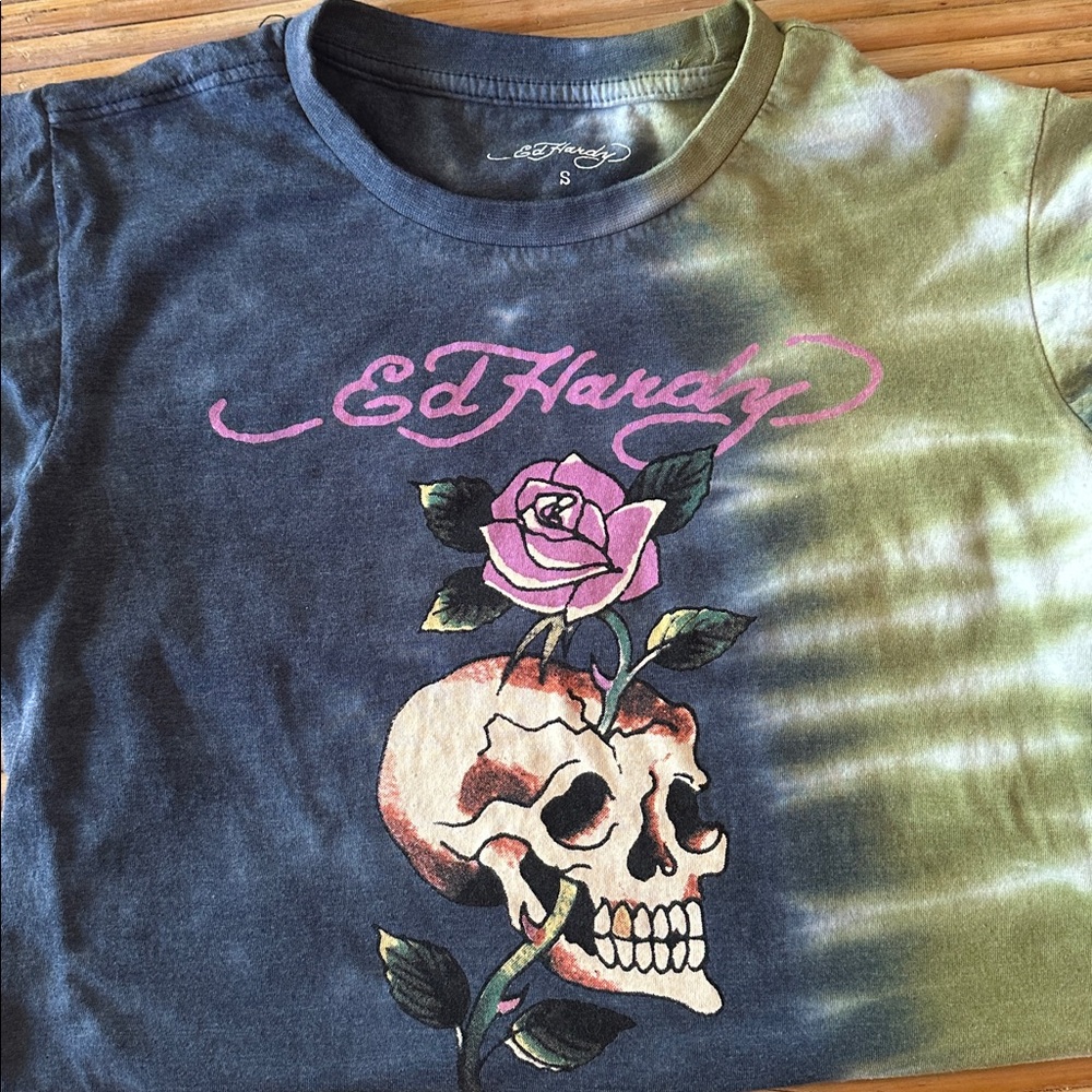 Y2K Ed Hardy tie dye tshirt blue green skull  rose small